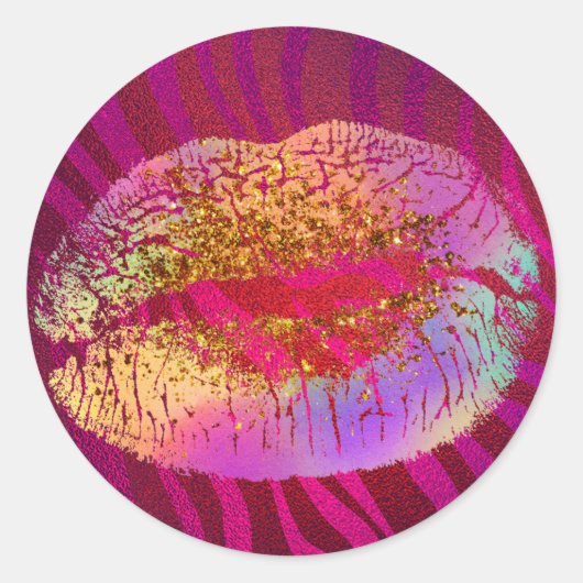 Roze zebra print regenbooggoud glitter lips ronde sticker (Voorkant)