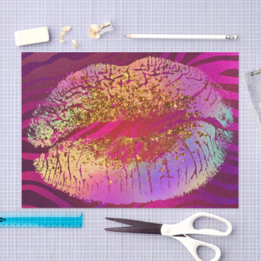Roze zebra print regenbooggouden litter lips tissuepapier (Craft)