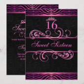 Roze Zebra Print & Swirl Sweet16 Verjaardag Uitnod Kaart (Voorkant / Achterkant)