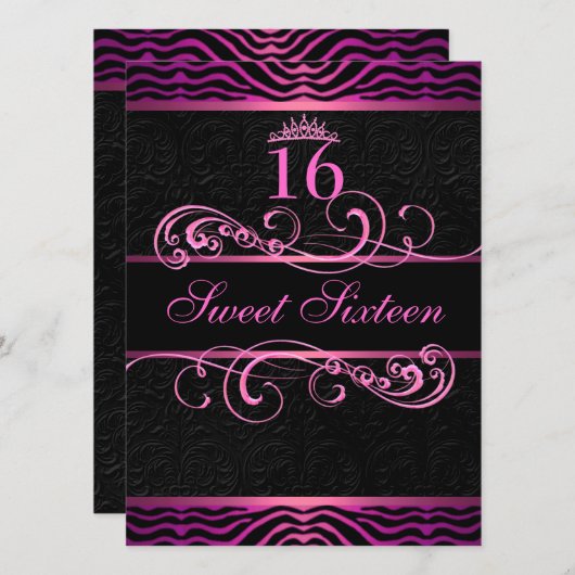 Roze Zebra Print & Swirl Sweet16 Verjaardag Uitnod Kaart (Voorkant / Achterkant)