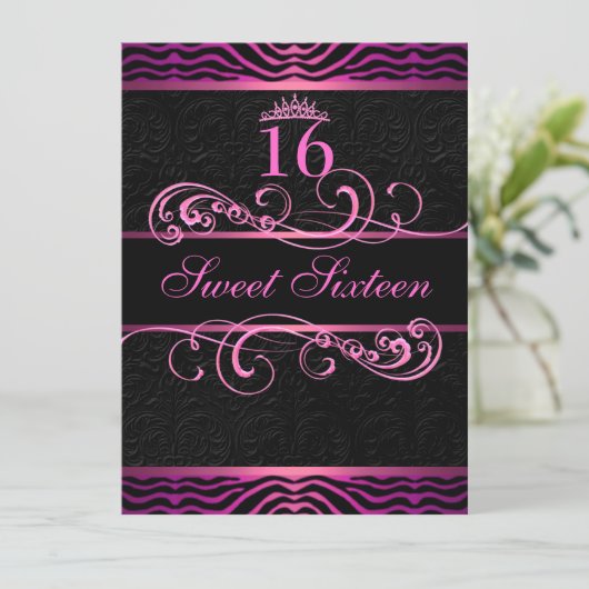 Roze Zebra Print & Swirl Sweet16 Verjaardag Uitnod Kaart (Staand voorkant)