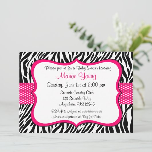 Roze Zebra print uitnodiging (Staand voorkant)