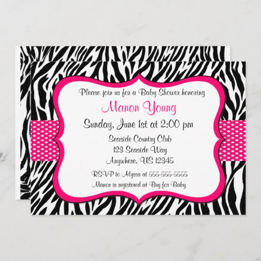 Roze Zebra print uitnodiging (Voorkant / Achterkant)