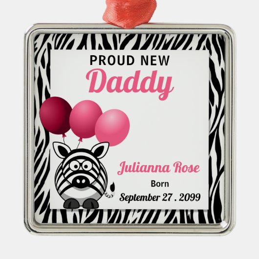 Roze Zebra Proud New Papa Metalen Ornament (Voorkant)