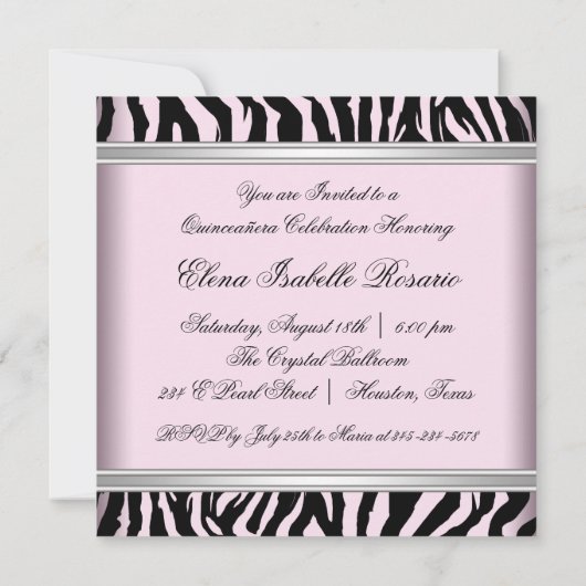 Roze Zebra Quinceanera Kaart (Achterkant)