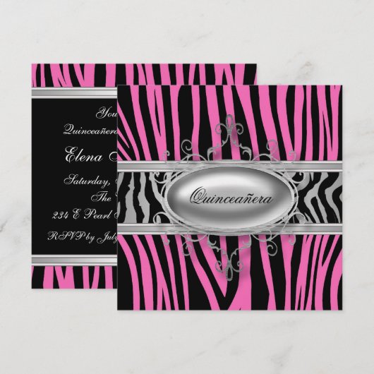 Roze Zebra Quinceanera Kaart (Voorkant / Achterkant)