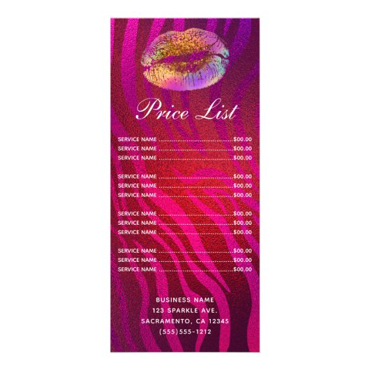 Roze Zebra Rainbow Gold Glitter Lips Prijs Lijst Reclamekaart (Voorkant)