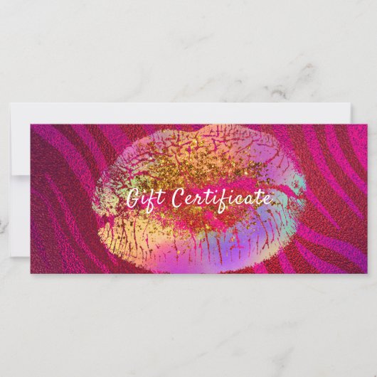 Roze zebra regenboog glitters lippen cadeaubon (Voorkant)