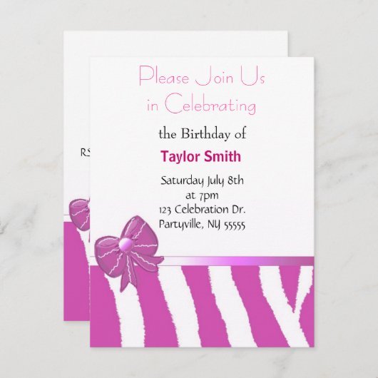 Roze Zebra ripes Birthday Uitnodiging (Voorkant / Achterkant)