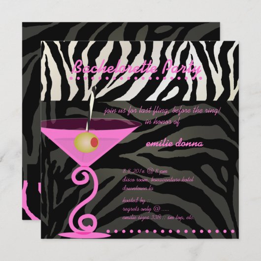 Roze Zebra/roze martini Bachelorette Party Kaart (Voorkant / Achterkant)