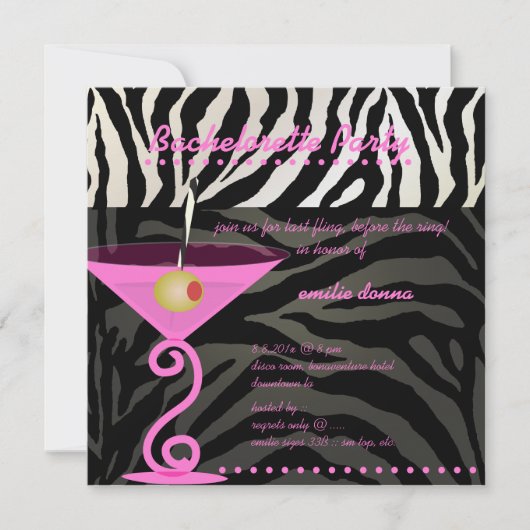 Roze Zebra/roze martini Bachelorette Party Kaart (Voorkant)