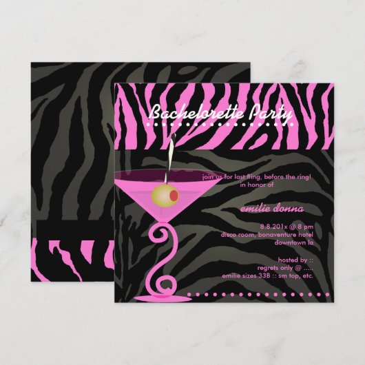 Roze Zebra/roze martini Bachelorette Party Kaart (Voorkant / Achterkant)