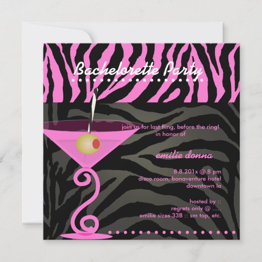 Roze Zebra/roze martini Bachelorette Party Kaart (Voorkant)