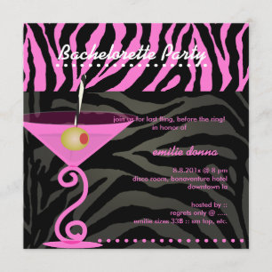 Roze Zebra/roze martini Bachelorette Party Kaart