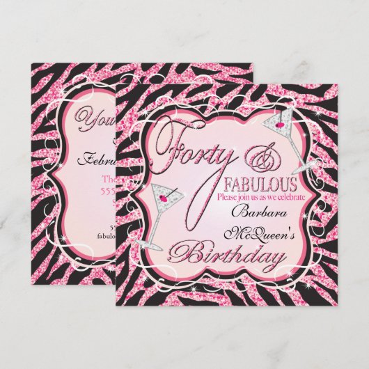 Roze Zebra Sequin 40th Birthday Party Invitations Kaart (Voorkant / Achterkant)