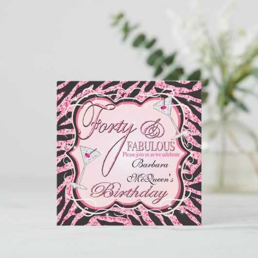 Roze Zebra Sequin 40th Birthday Party Invitations Kaart (Staand voorkant)