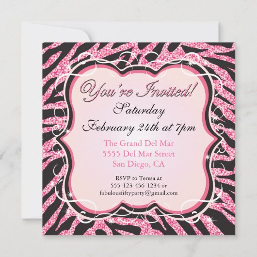 Roze Zebra Sequin 40th Birthday Party Invitations Kaart (Achterkant)