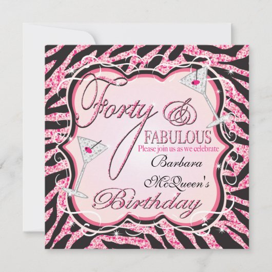Roze Zebra Sequin 40th Birthday Party Invitations Kaart (Voorkant)