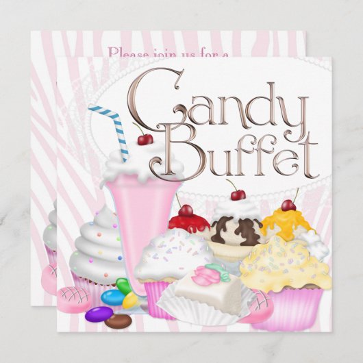 Roze Zebra Snoep Buffet Party Kaart (Voorkant / Achterkant)