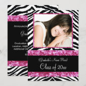 Roze Zebra Sparkle Girls Graduparty Kaart (Voorkant / Achterkant)