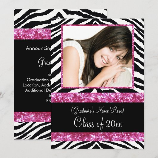 Roze Zebra Sparkle Girls Graduparty Kaart (Voorkant / Achterkant)