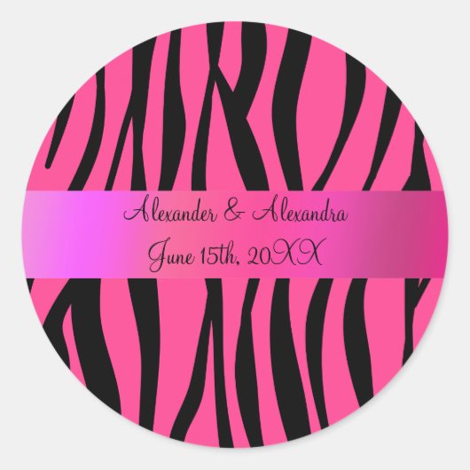 Roze zebra strepen bruiloft gunsten ronde sticker (Voorkant)