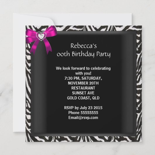 Roze Zebra Stripe Black Birthday Party Afbeelding Kaart (Achterkant)
