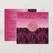 Roze Zebra Stripes Flower & Pearls Birthday Party Kaart (Voorkant / Achterkant)