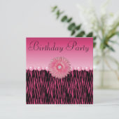 Roze Zebra Stripes Flower & Pearls Birthday Party Kaart (Staand voorkant)