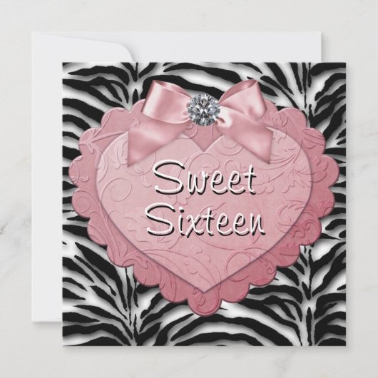  Roze Zebra Sweet 16 Verjaardagsfeest Kaart (Voorkant)