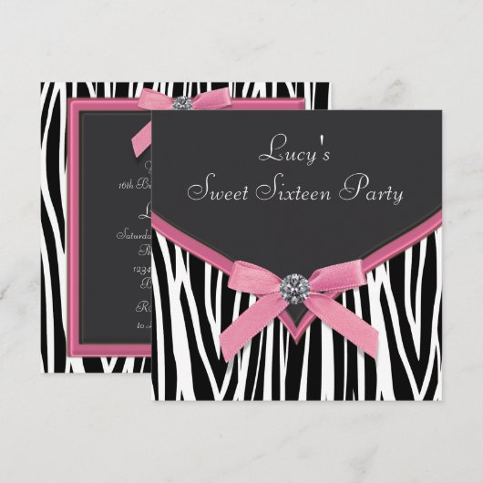 Roze Zebra Sweet 16 verjaardagsfeestje Kaart (Voorkant / Achterkant)