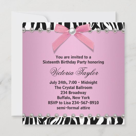 Roze Zebra Sweet 16 verjaardagsfeestje Kaart (Achterkant)