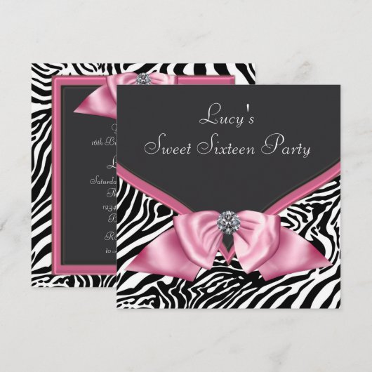 Roze Zebra Sweet 16 verjaardagsfeestje Kaart (Voorkant / Achterkant)
