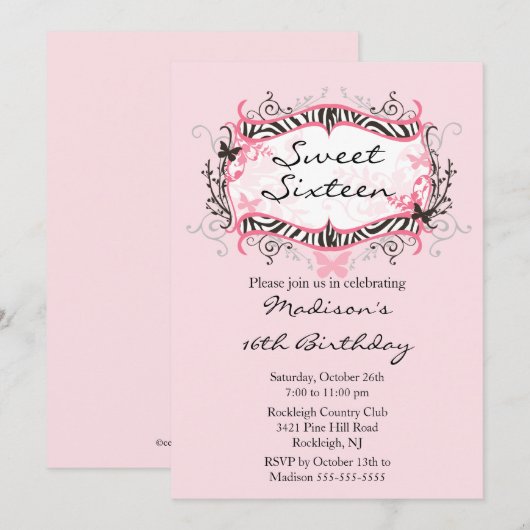 Roze Zebra Sweet Sixteen Birthday Uitnodiging (Voorkant / Achterkant)