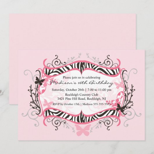 Roze Zebra Sweet Sixteen Birthday Uitnodiging (Voorkant / Achterkant)