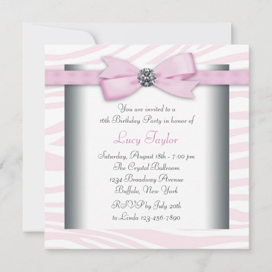 Roze Zebra Sweet Sixteen Verjaardagsfeest Kaart (Achterkant)
