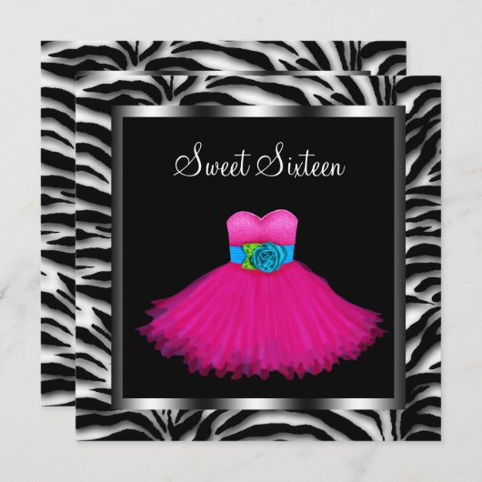 Roze Zebra Sweet Sixteen Verjaardagsfeest Kaart (Voorkant / Achterkant)