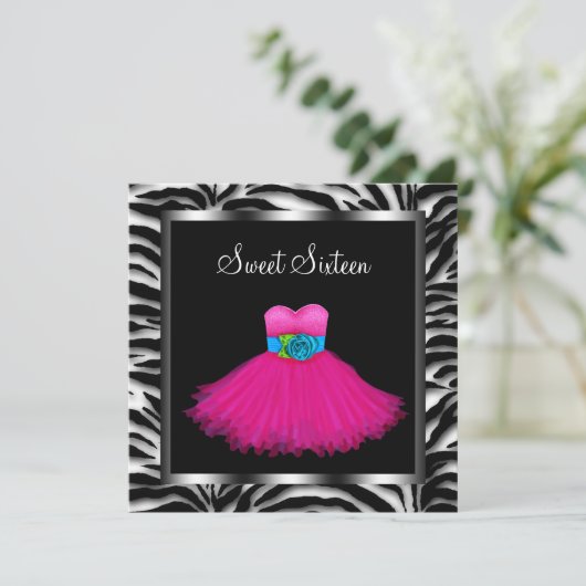 Roze Zebra Sweet Sixteen Verjaardagsfeest Kaart (Staand voorkant)