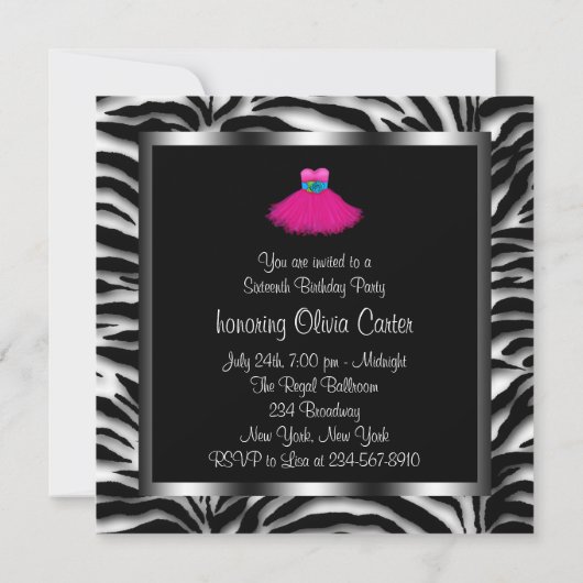 Roze Zebra Sweet Sixteen Verjaardagsfeest Kaart (Achterkant)