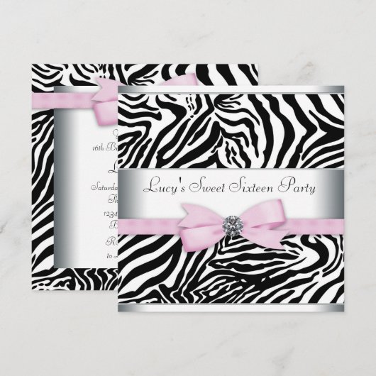 Roze Zebra Sweet Sixteen Verjaardagsfeest Kaart (Voorkant / Achterkant)