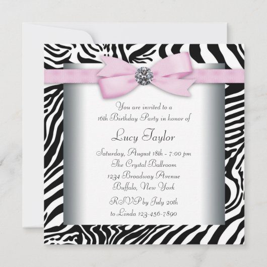 Roze Zebra Sweet Sixteen Verjaardagsfeest Kaart (Achterkant)