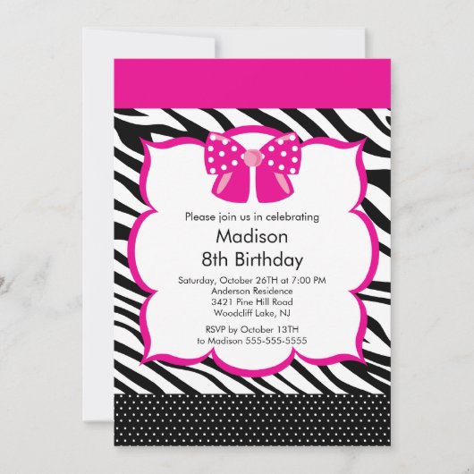 Roze Zebra Tween Birthday Party Invitation Kaart (Voorkant)