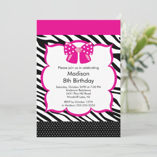 Roze Zebra Tween Birthday Party Invitation Kaart (Staand voorkant)