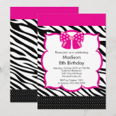 Roze Zebra Tween Birthday Party Invitation Kaart (Voorkant / Achterkant)