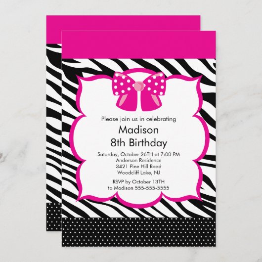 Roze Zebra Tween Birthday Party Invitation Kaart (Voorkant / Achterkant)