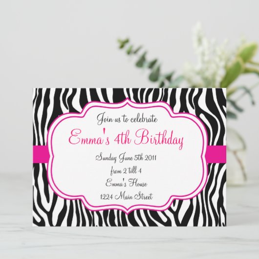 Roze Zebra Uitnodiging (Staand voorkant)