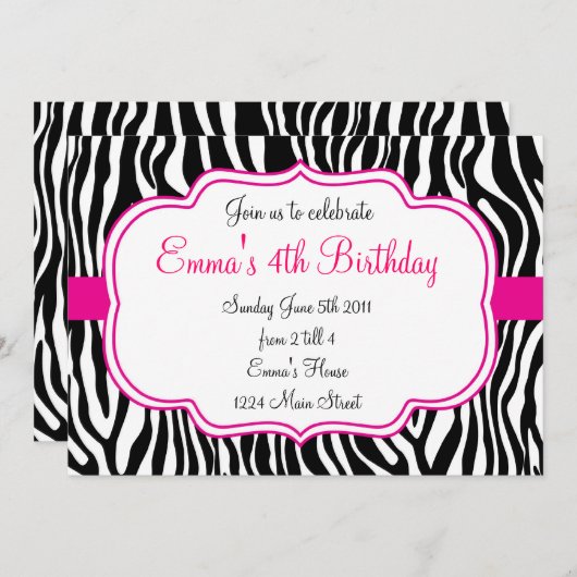 Roze Zebra Uitnodiging (Voorkant / Achterkant)
