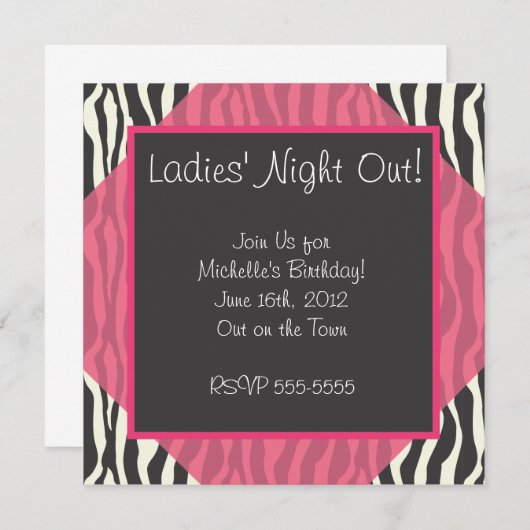 Roze Zebra Uitnodiging voor Feestje (Voorkant / Achterkant)