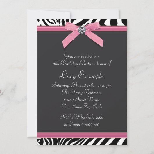 Roze Zebra verjaardagsfeestje Kaart (Achterkant)