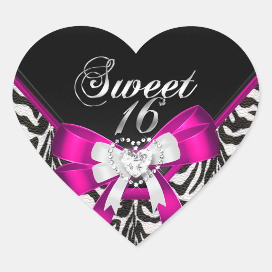 Roze Zebra Zwart Sweet Sixteen 16 Verjaardagsfeest Hart Sticker (Voorkant)